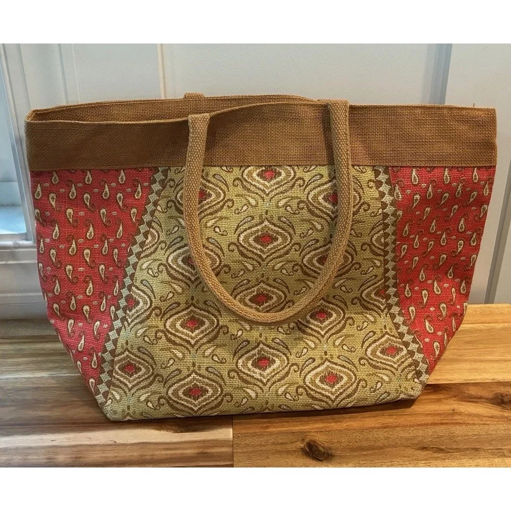 Style 101 Jute Burlap Tote Bag Red Paisley Boho Zip Top Shoulder Beach Large